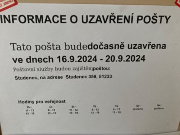 Uzavření pobočky Pošty Horka od 16. 9. 2024 - 20. 9. 2024